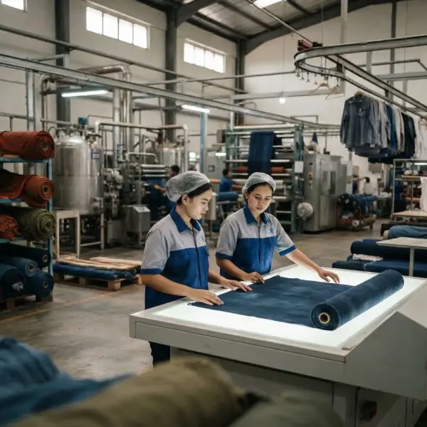 Proses produksi tekstil yang menunjukkan penggunaan bahan kimia dalam pengolahan kain dan pakaian Proses produksi tekstil yang menunjukkan penggunaan bahan kimia dalam pengolahan kain dan pakaian