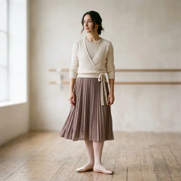 Modern balletcore styling with ballet flats, wrap knitwear, and subtle dancewear references