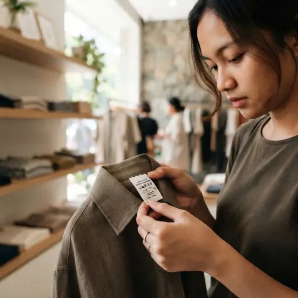 Konsumen memeriksa label keamanan dan komposisi bahan pada pakaian sebelum membeli
