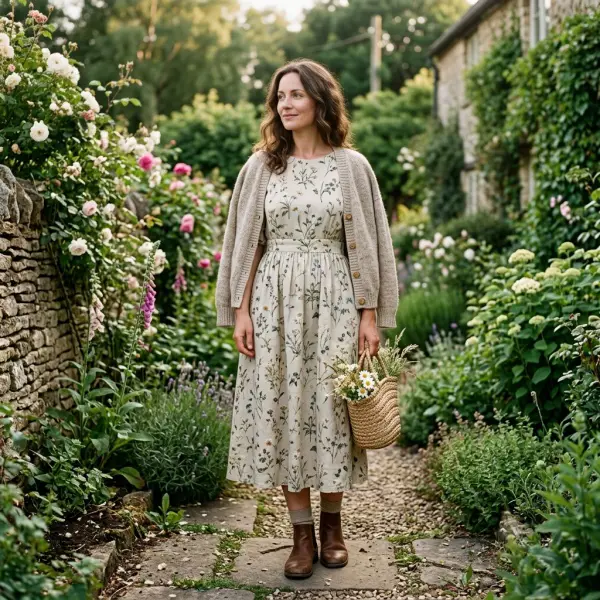 Contemporary cottagecore outfit inspired by pastoral clothing and natural textures