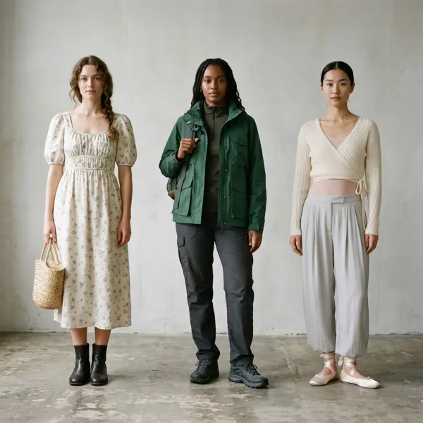 Cottagecore, gorpcore, and balletcore outfits showing three distinct fashion micro-aesthetics