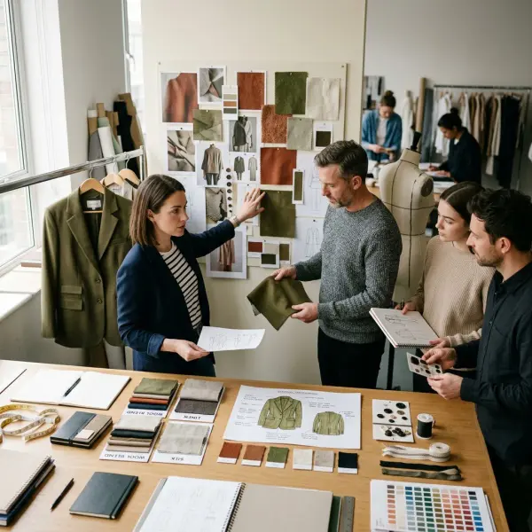 Fashion product team translating an aesthetic moodboard into fabrics, garment shapes, and product specifications