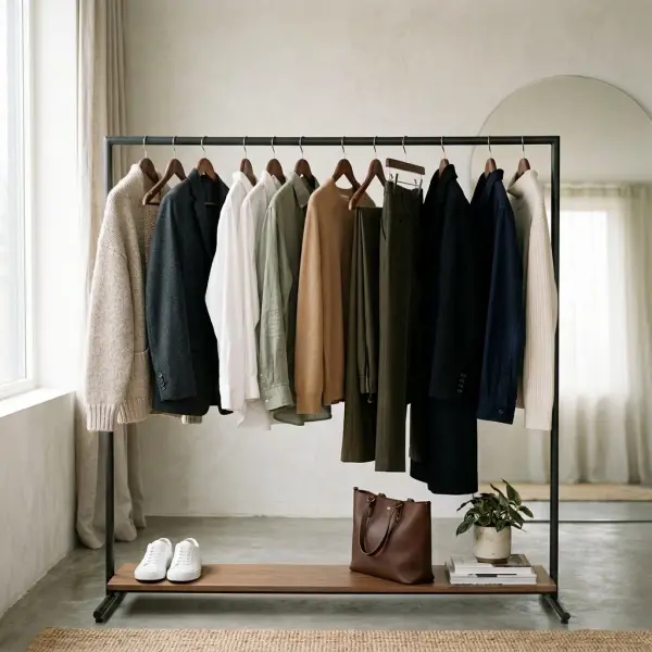 Clothing rack showing coordinated silhouettes, fabrics, colors, and textures that create a cohesive personal style