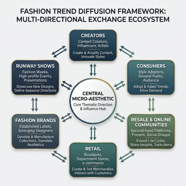 Framework explaining how fashion micro-aesthetics spread across creators, consumers, brands, retail, and social platforms
