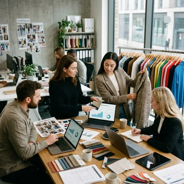 Fashion merchandising team analyzing social trend signals alongside product and sales data Fashion merchandising team analyzing social trend signals alongside product and sales data