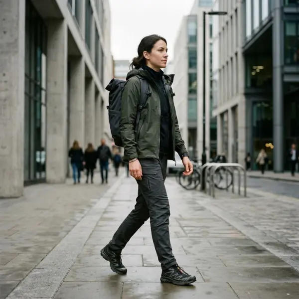 Contemporary gorpcore outfit combining technical outdoor clothing with urban fashion