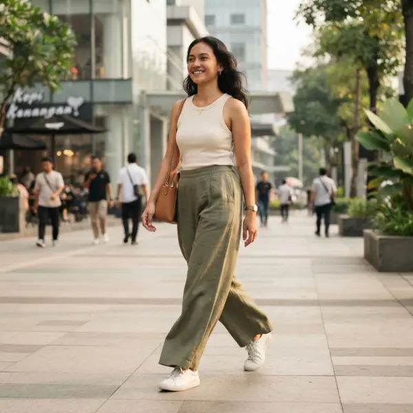 Pantaloons musim panas dengan volume kaki moderat untuk pemakaian sehari-hari