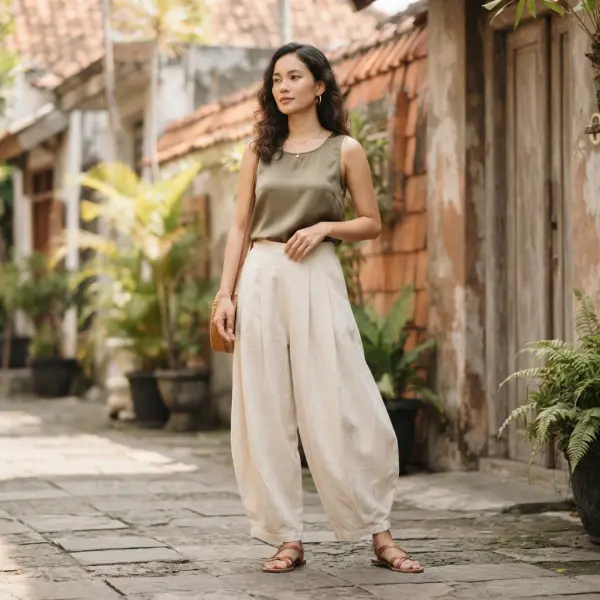Siluet pantaloons longgar yang dirancang untuk pakaian musim panas