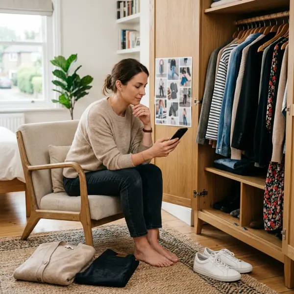Fashion shopper using social media for outfit inspiration while comparing clothing from their own wardrobe