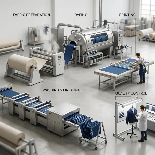 Tahapan produksi tekstil dan pakaian yang melibatkan bahan kimia dari pewarnaan hingga finishing Tahapan produksi tekstil dan pakaian yang melibatkan bahan kimia dari pewarnaan hingga finishing