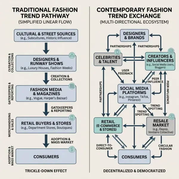 Diagram comparing traditional fashion trend diffusion with social-media-driven feedback loops Diagram comparing traditional fashion trend diffusion with social-media-driven feedback loops