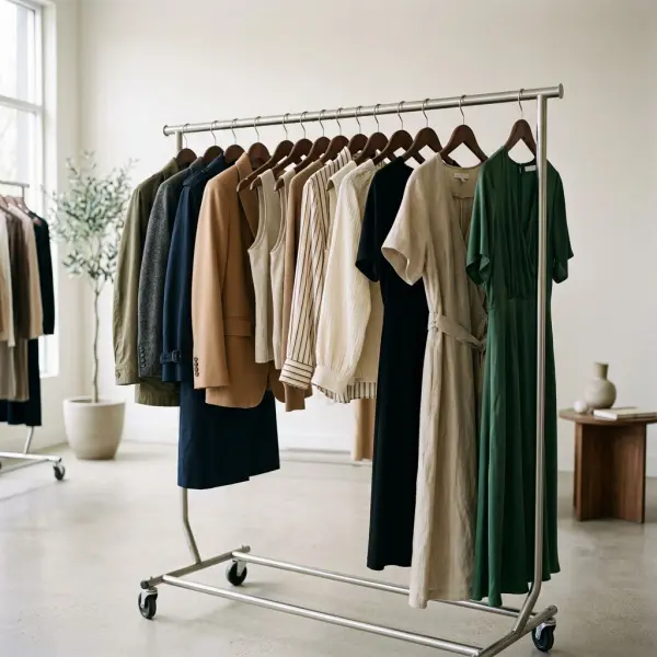 Curated garment sample rack prepared for fashion wholesale buyer appointments