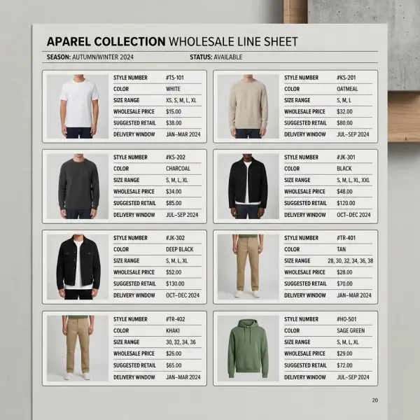 Example structure of an apparel wholesale line sheet with product and ordering information