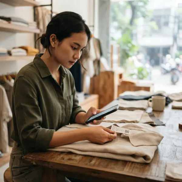 Konsumen memeriksa validitas label dan sertifikat OEKO-TEX menggunakan smartphone