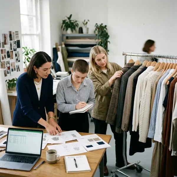 Fashion brand preparing line sheets and garment samples before meeting wholesale buyers