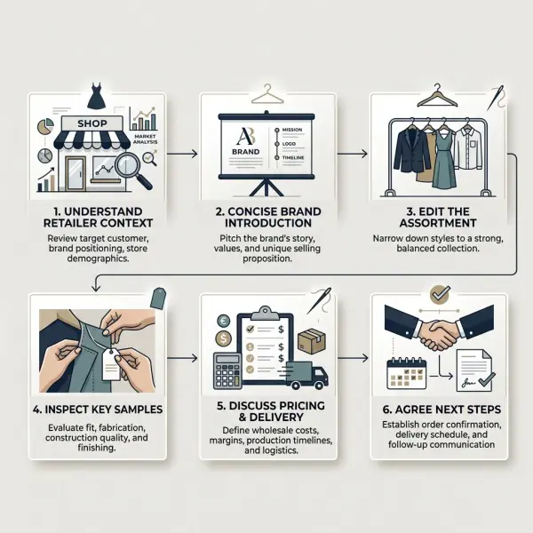 Fashion wholesale buyer meeting workflow from retailer context to follow-up