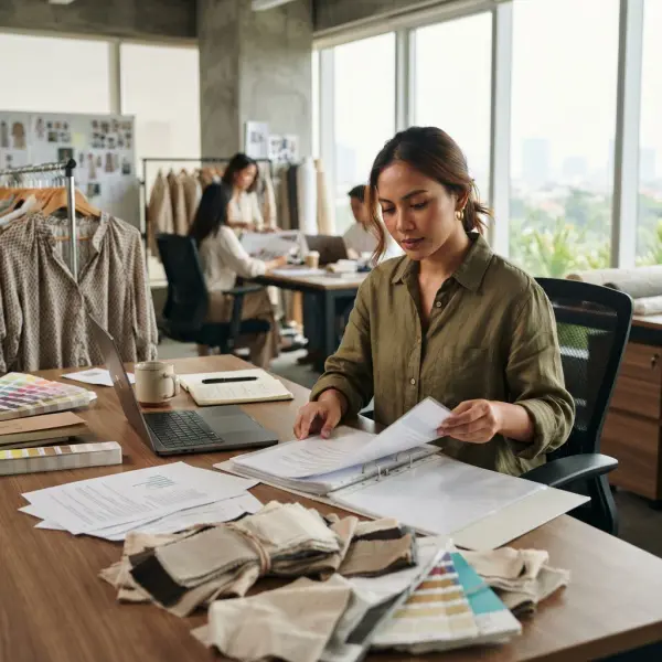 Tim sourcing fashion mengelola dokumen sertifikasi material tekstil dari pemasok Tim sourcing fashion mengelola dokumen sertifikasi material tekstil dari pemasok