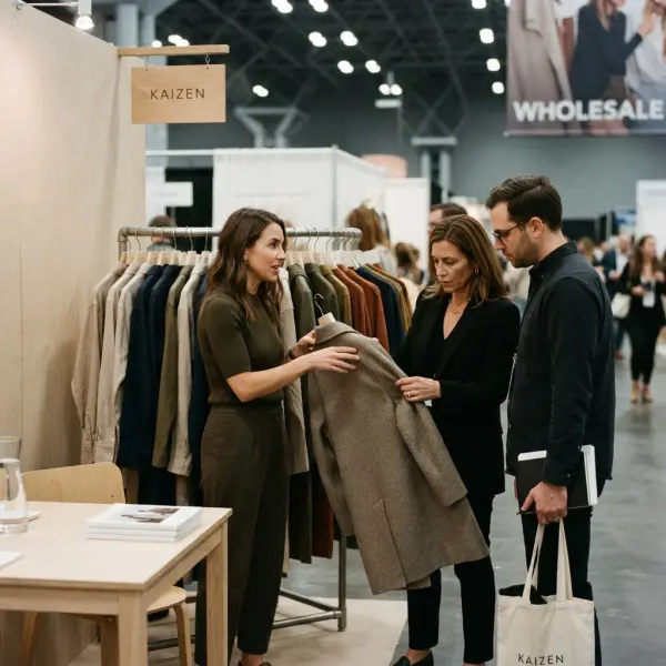 Apparel brand presenting its collection to wholesale buyers at a fashion trade show