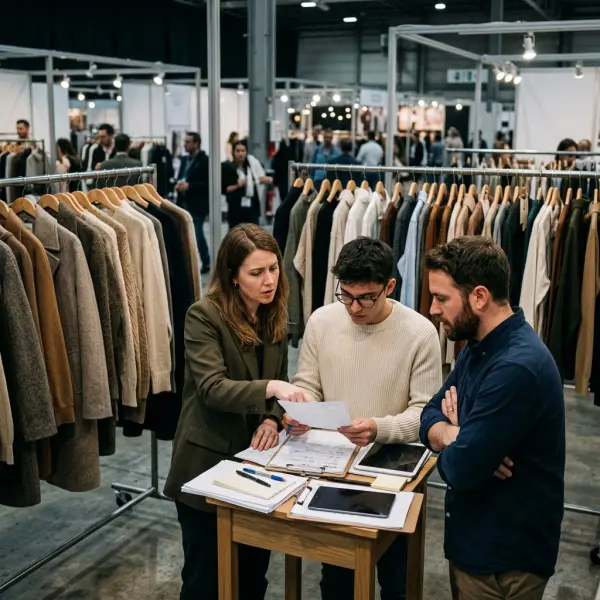 Apparel brand team reviewing buyer activity at a fashion trade show booth