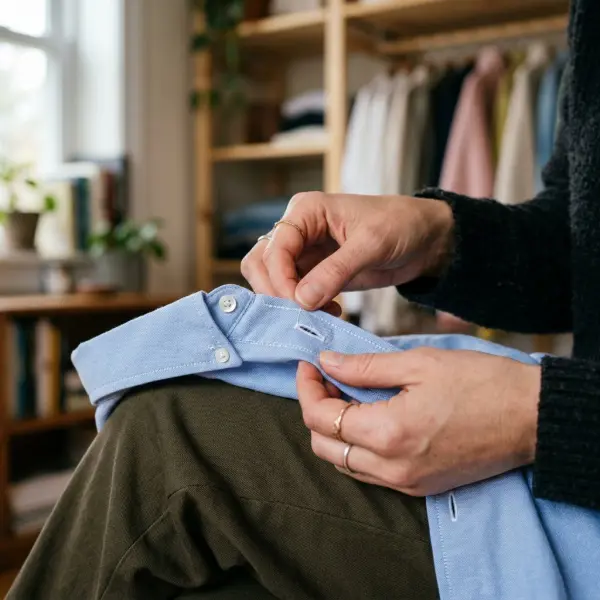 Pemeriksaan kondisi jahitan kain dan detail pakaian saat wardrobe audit