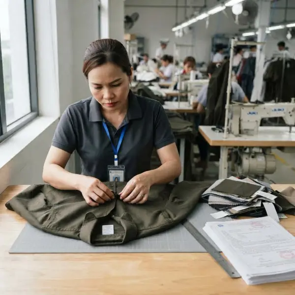 Pemeriksaan kualitas pakaian dan dokumen sertifikasi tekstil oleh tim quality control