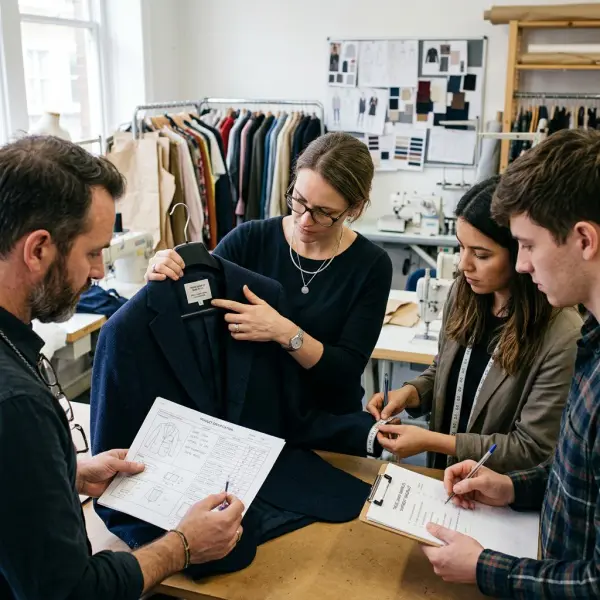 Apparel team checking garment samples before a wholesale trade show