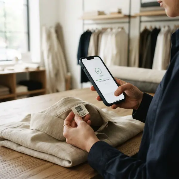 Pemeriksaan product ID dan QR code OEKO-TEX MADE IN GREEN untuk menelusuri produk
