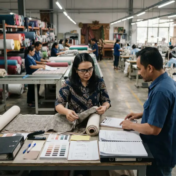 Tim quality control memeriksa kain dan dokumen kepatuhan tekstil di fasilitas produksi