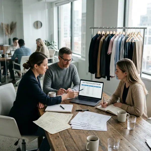 Apparel sales team reviewing wholesale trade show results after the event