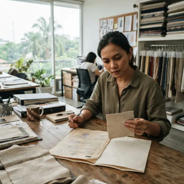 Tim sourcing mencocokkan sertifikat OEKO-TEX dengan sampel kain dari pemasok