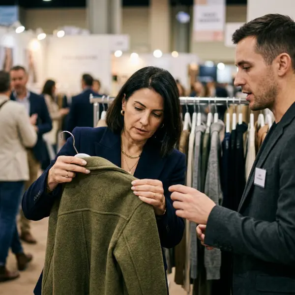 Wholesale fashion buyer inspecting garment quality and fabric at a trade show