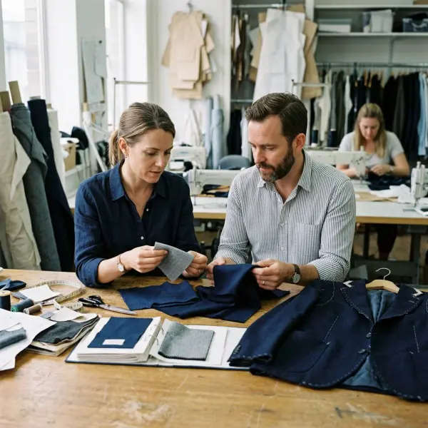 Apparel development team comparing interlining and shell fabric combinations