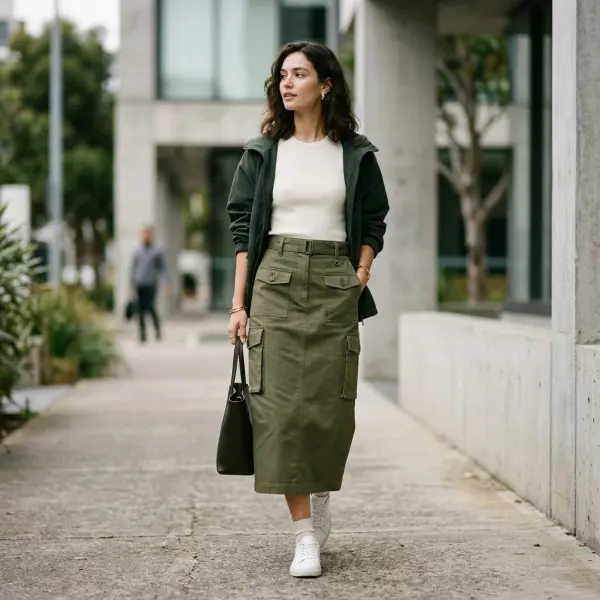 Cargo skirt dengan ciri khas kantong utilitarian pada rok modern Cargo skirt dengan ciri khas kantong utilitarian pada rok modern