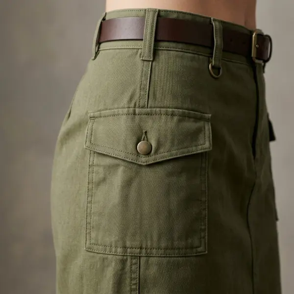 Detail cargo skirt berupa patch pocket, flap, topstitching dan hardware Detail cargo skirt berupa patch pocket, flap, topstitching dan hardware