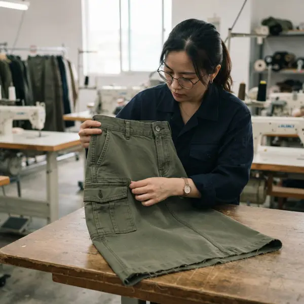 Pemeriksaan konstruksi pocket dan jahitan cargo skirt di ruang produksi apparel Pemeriksaan konstruksi pocket dan jahitan cargo skirt di ruang produksi apparel