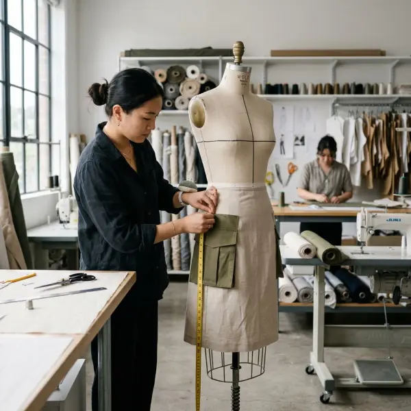 Desainer mengembangkan bentuk dan posisi pocket pada cargo skirt Desainer mengembangkan bentuk dan posisi pocket pada cargo skirt