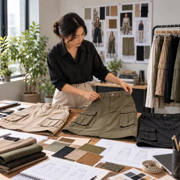 Memilih bahan model dan detail cargo skirt dalam proses pengembangan produk fashion Memilih bahan model dan detail cargo skirt dalam proses pengembangan produk fashion