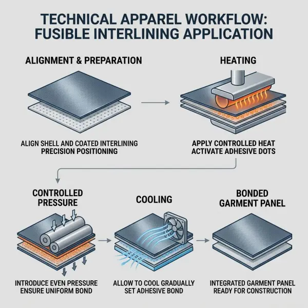 Fusible interlining process showing fabric adhesive heat pressure and cooling