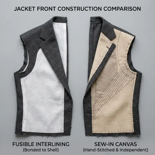 Fusible and sew-in interlining methods compared inside garment construction