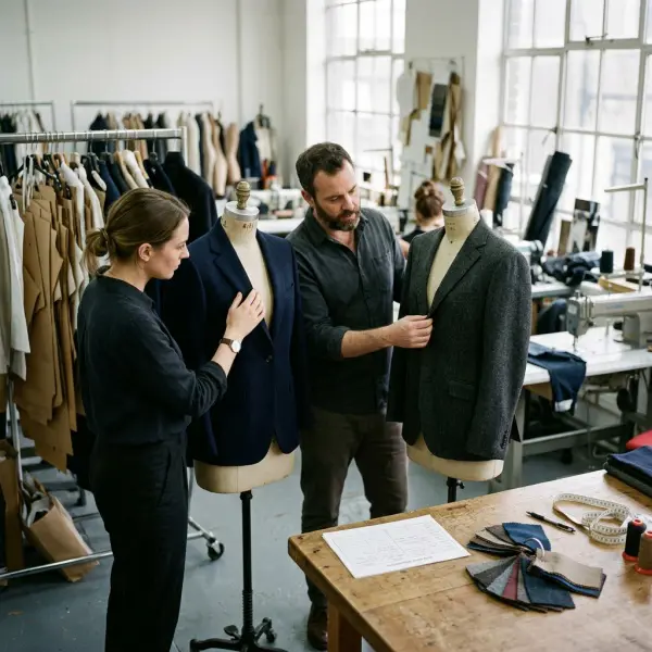 Fashion product development team evaluating garment structure and interlining performance Fashion product development team evaluating garment structure and interlining performance