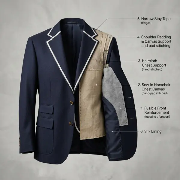 Hybrid jacket construction using fusible and sew-in internal support