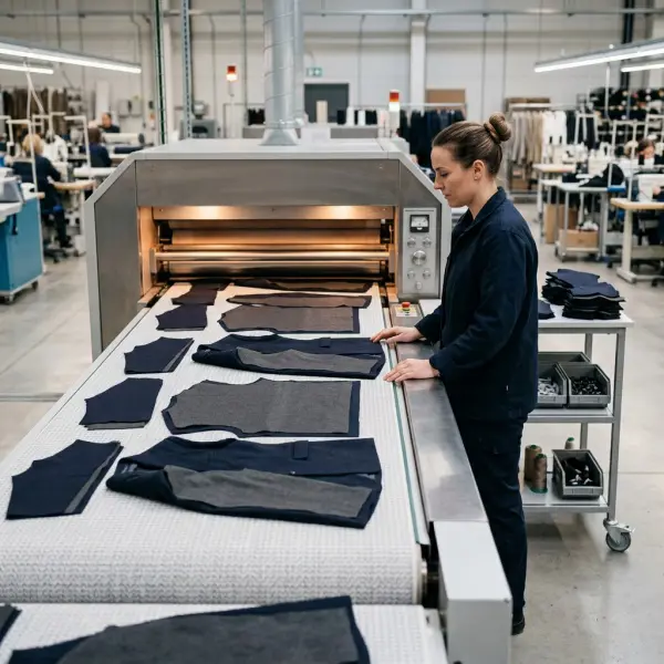 Garment factory using continuous fusing equipment for interlining application