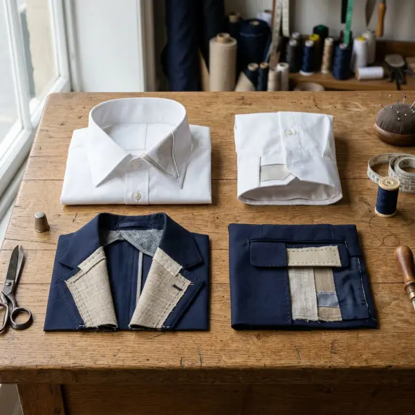 Collar cuff lapel and pocket flap showing clean structure created by interlining Collar cuff lapel and pocket flap showing clean structure created by interlining