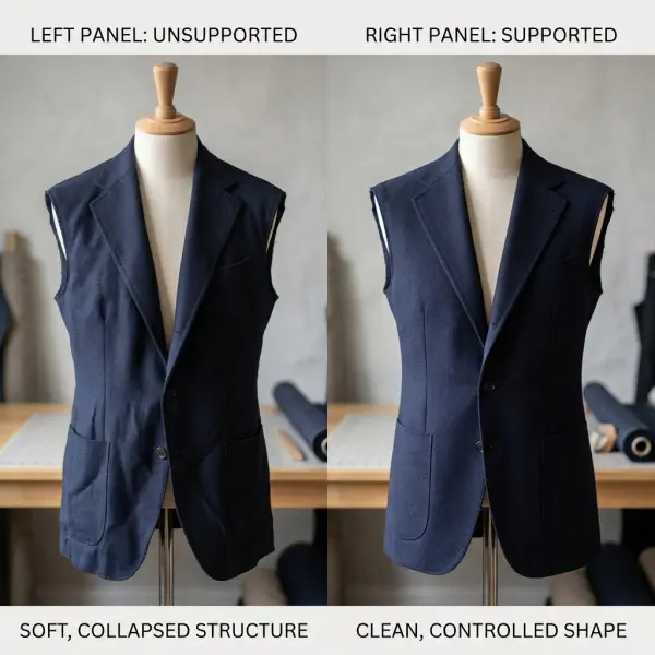 Garment panel comparison showing how interlining supports shape and structure Garment panel comparison showing how interlining supports shape and structure