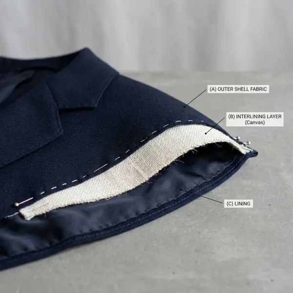 Interlining fabric positioned inside the layers of a tailored garment