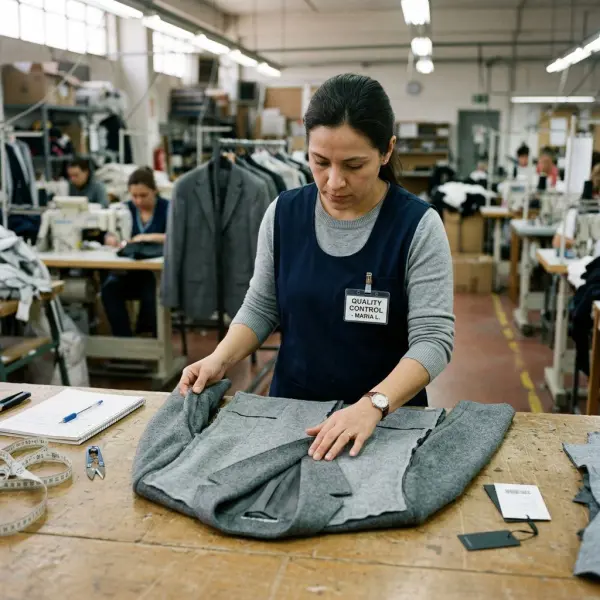 Garment technician inspecting fused interlining quality on a jacket panel