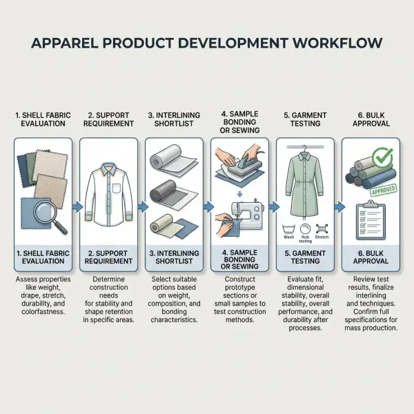 Workflow for selecting and testing interlining during apparel product development