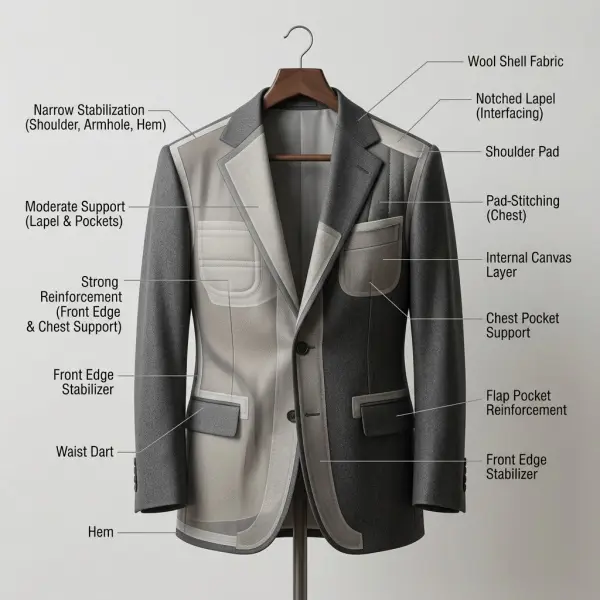 Tailored jacket showing different interlining support zones Tailored jacket showing different interlining support zones