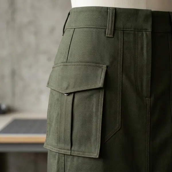 Detail saku tempel dan konstruksi utilitarian pada cargo skirt modern Detail saku tempel dan konstruksi utilitarian pada cargo skirt modern