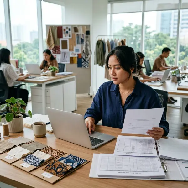 Tim procurement memverifikasi masa berlaku sertifikasi GOTS pemasok tekstil Tim procurement memverifikasi masa berlaku sertifikasi GOTS pemasok tekstil